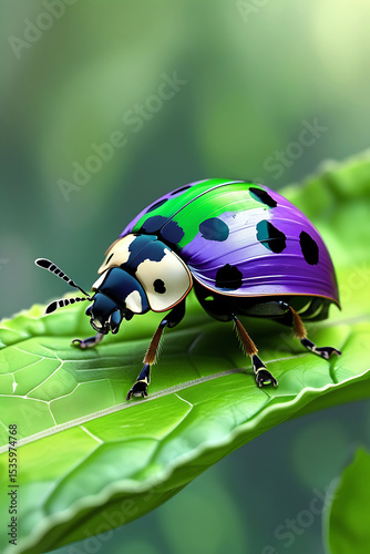 Vibrant purple and green ladybug on a leaf