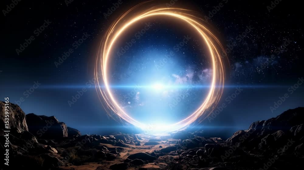 Mystical glowing portal on a rocky alien planet with starlight, nebula, and space environment for a fantasy landscape and science fiction concept