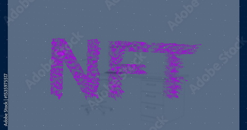 Displaying purple NFT letters on muted blue backdrop, with ghosted office chair and cabinet shadows