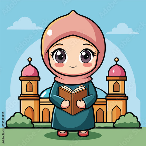 Cute girl in hijab holding a book in front of a mosque