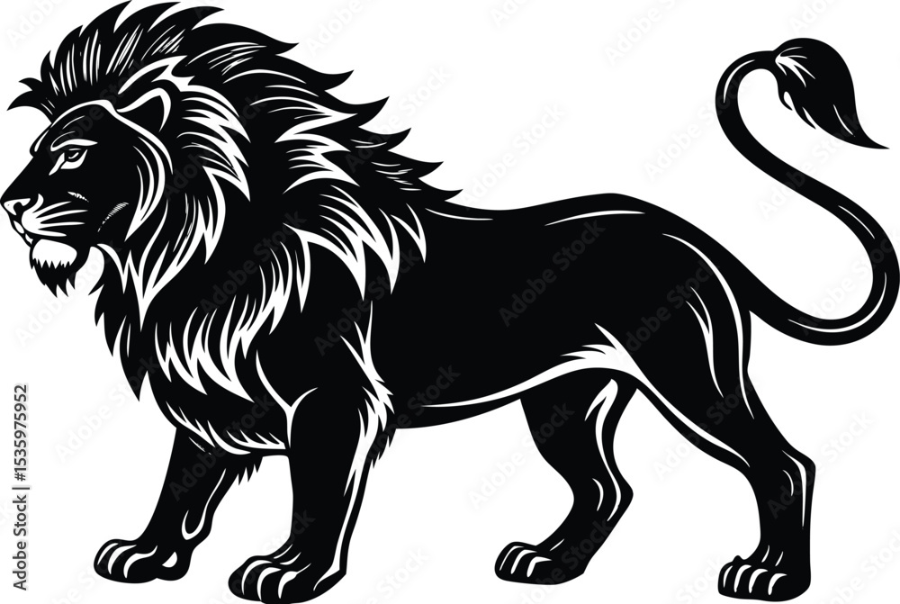 Obraz premium Standing Lion Vector Illustration, Bold Black Silhouette of Majestic Male Lion