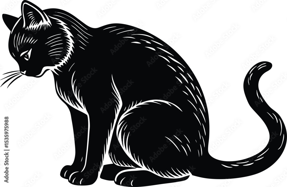 Obraz premium Sitting Black Cat Silhouette Illustration in Vintage Engraved Style