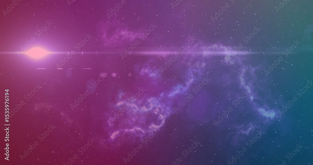 Fototapeta premium Glowing purple-teal nebula cloud glimmering in space, with horizontal lens flare and distant stars