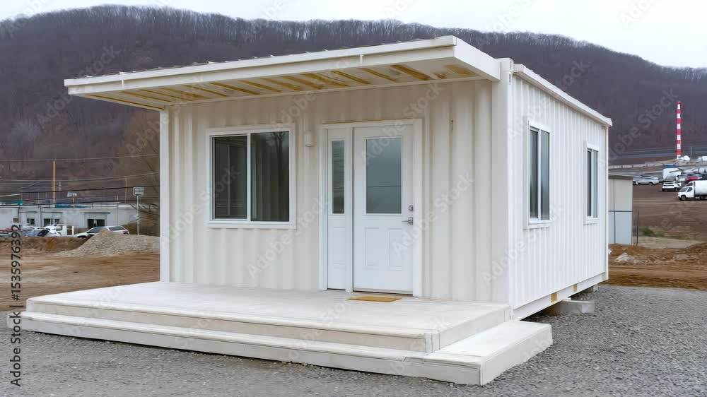 White shipping container home with porch, windows, and door in rural industrial area featuring white exterior and modern design near hills