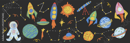 Kids chalk drawings galaxy big set. Collection freehand child baby hand drawn scribble elements. Textured planet, stars, astronaut, rocket, telescope, alien UFO spaceship. Vector illustration isolated