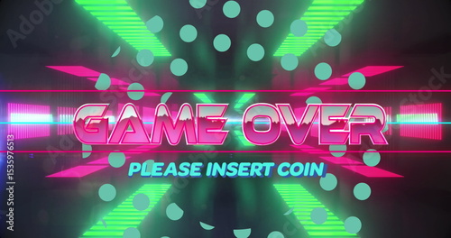 Displaying neon pink GAME OVER and cyan PLEASE INSERT COIN on retro arcade screen, light beams