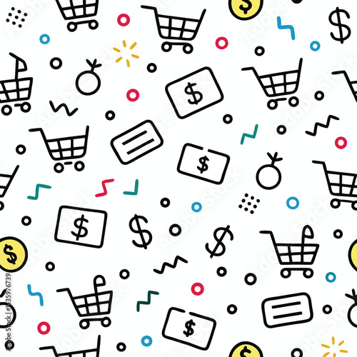 Shopping cart, money, and fruit pattern.  Simple, colorful, and playful design with shopping carts, dollar signs, and fruit icons scattered on a white background