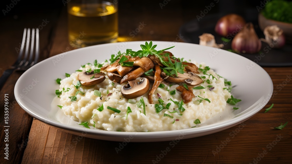 Delicious creamy risotto with wild mushrooms italian restaurant food photography rustic setting close-up gourmet experience Delicious creamy risotto with wild mushrooms italian restaurant food photography rustic setting close-up gourmet experience