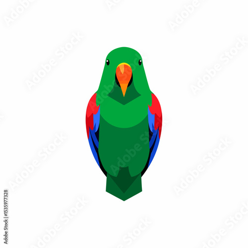 Geometric Green Parrot with Red and Blue Wing Feathers Orange Beak