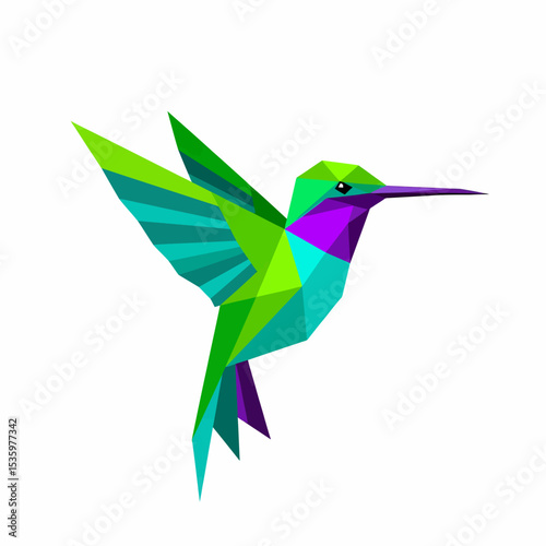 Geometric Hummingbird with Teal Wings and Vibrant Green Plumage Design