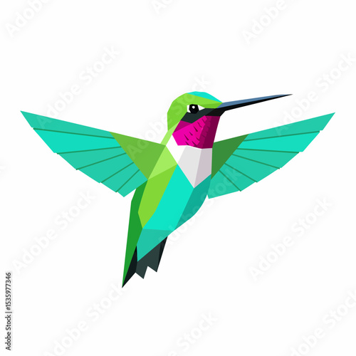 Geometric Hummingbird with Teal Wings and Magenta Throat Patch Illustration