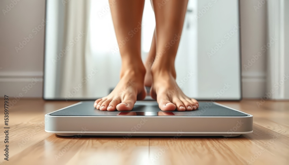 Fototapeta premium Close-up studio shot of a person standing on a digital bathroom scale