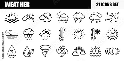 A comprehensive set of 21 line icons representing various weather conditions and meteorological phenomena. It's ideal for weather forecasting applications or presentations.
