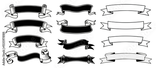 A collection of twelve decorative banner illustrations in black and white, showcasing various shapes and styles suitable for headings or text display.