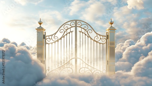 A golden gate with ornate details standing amidst fluffy white clouds and a bright sky