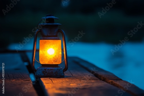 A vintage lantern glows softly at dusk, creating a warm ambiance in a tranquil outdoor setting.