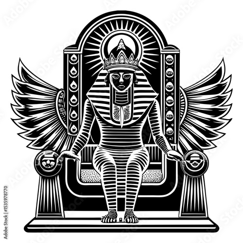 A black and white, an Egyptian pharaoh, possibly Tutankhamun, seated on an ornate throne with wings and hieroglyphic-like details. It embodies ancient power, royalty historical mystique.