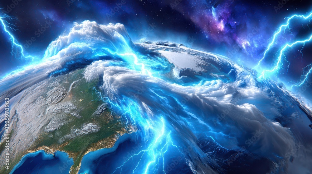 Obraz premium Global Catastrophe, Earth, Climate Change, Lightning Storm, Natural Disaster