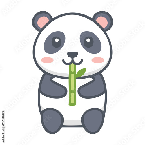 A cute cartoon panda holding and eating bamboo