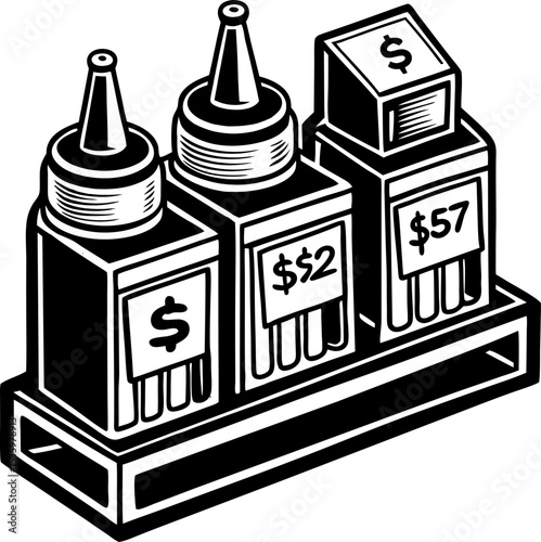Abstract illustration of condiments or products with price tags indicating cost and economic value.
