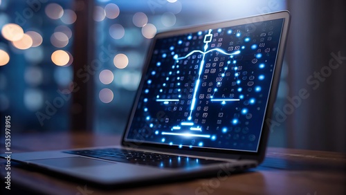 Laptop screen displaying scales of justice with digital symbols and bokeh background