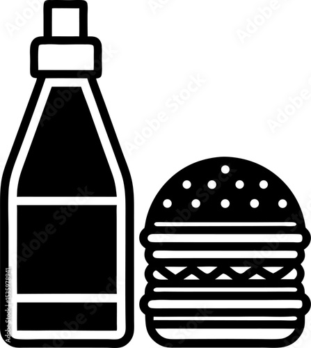 Black and white minimalist icon illustration of a bottle and a delicious hamburger sandwich