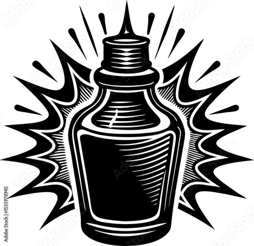 Black and white ink bottle with decorative bursting effect for vintage tattoo designs and illustrations