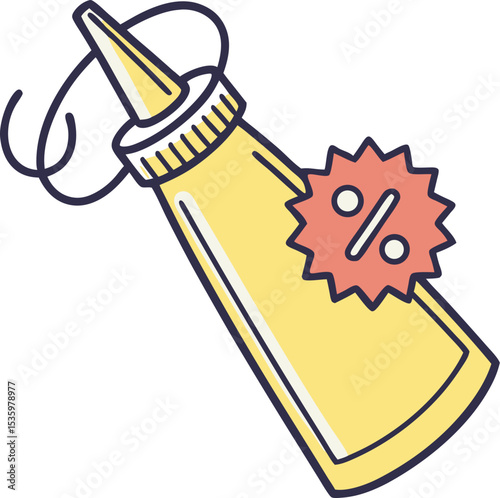 Cartoon illustration of a condiment bottle with a percentage sign representing a sale or discount offer
