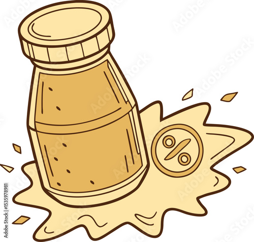 Cartoon illustration depicting a jar spilling a liquid substance and a percentage symbol on a spillage with a warm color palette.