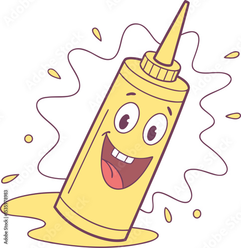Cheerful cartoon illustration of a mustard bottle with a smiling face and spilled mustard on a clean white background