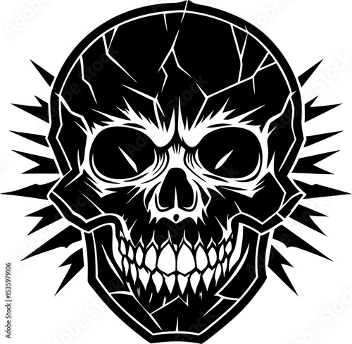 Intricate vector illustration of a detailed skull featuring sharp pointed edges and cracking effects in bold monochrome style