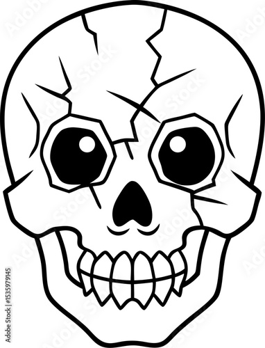 Simple line art illustration of a skull with cracks and sharp teeth a spooky halloween design element