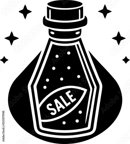 Stylized vector illustration depicting a sale label within a potion bottle with scattered star elements.