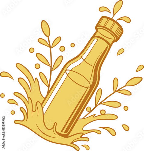 Vector illustration of a falling bottle with golden liquid splashing upwards and decorated with leaves and drops