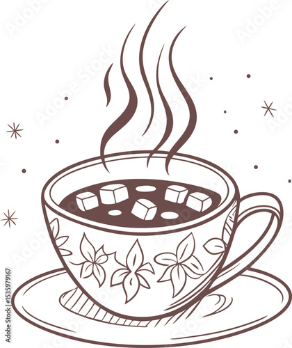 Warm and cozy vector illustration featuring a steaming cup of hot chocolate with marshmallows in a festive winter design.