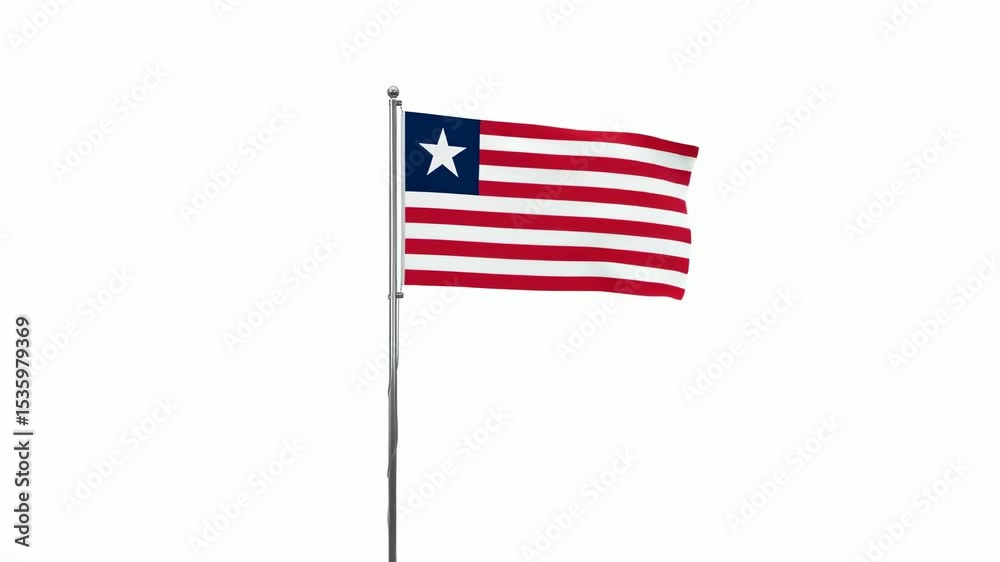 A Liberian flag waves atop a metallic pole against a white background