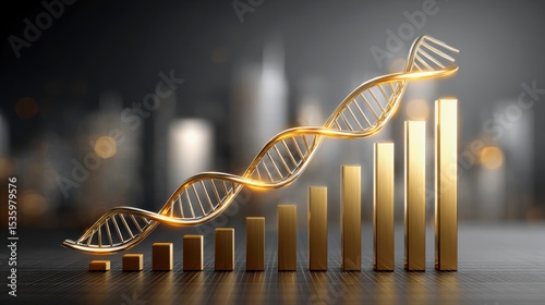 The concept of scaling business innovation change. Golden DNA helix intertwined with ascending bar graph columns symbolizing growth, progress, and innovation in genetics or biotechnology.
