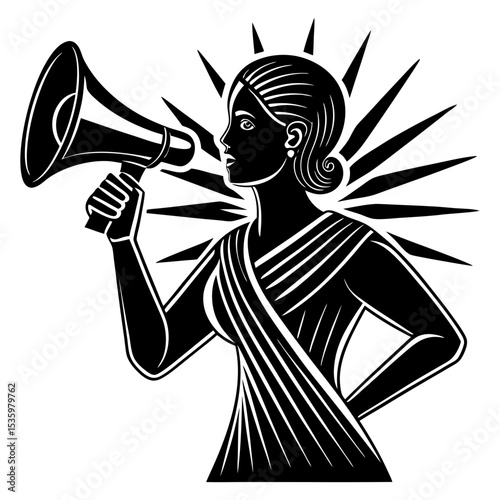 A powerful woman in flowing drapery speaks into a megaphone, emanating a radiant light, symbolizing a strong voice and advocacy.