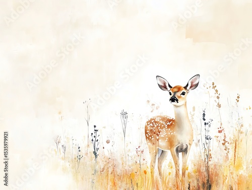 A serene illustration of a deer standing gracefully in a field of wildflowers, surrounded by a soft, natural backdrop.