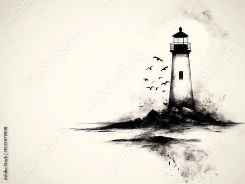 A serene lighthouse silhouette against a misty background, capturing peaceful coastal vibes and guiding lights.