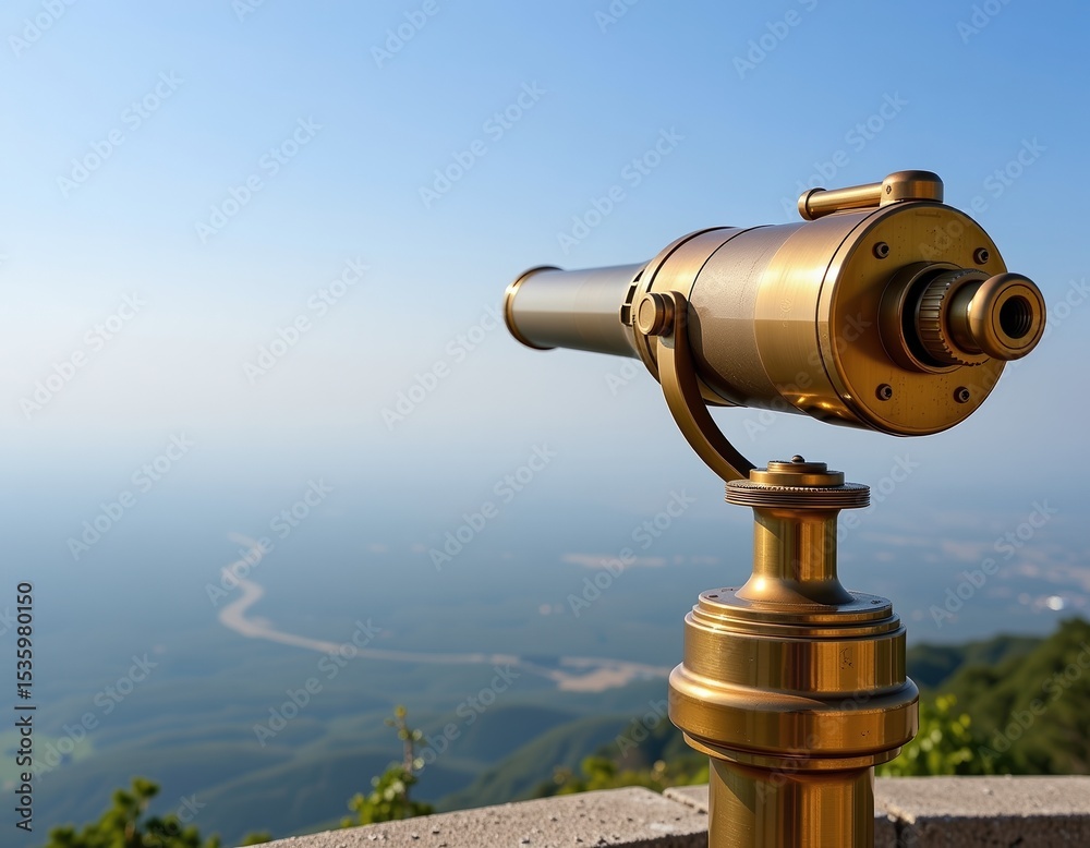 A golden telescope mounted on a stone platform overlooks a vast landscape with a winding river beneath a clear blue sky. A golden telescope mounted on a stone platform overlooks a vast landscape with a winding river beneath a clear blue sky.