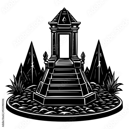 
A mysterious, elevated gateway with steps, flanked by sharp, crystalline structures and lush foliage, all set on a circular platform.