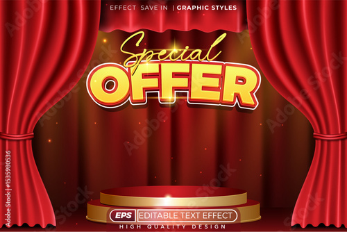 Editable 3d vector text effect special offer with red curtain for banner promotion