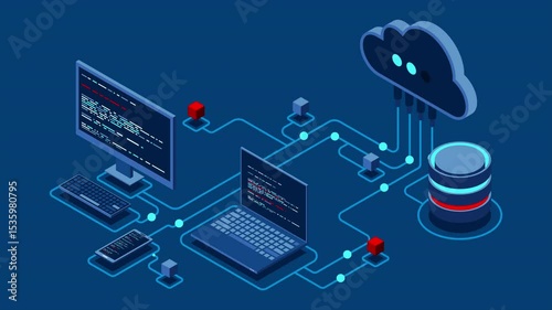 Cloud technology computing animation. Modern cloud technology. Data center isometric concept. Isometric cloud technology with datacenter. Web hosting concept. 4K video animated in isometric style
