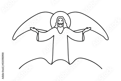 Jesus christ continuous line art heavenly wings open arms