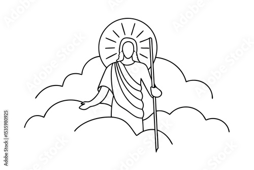 Jesus christ line art heavenly clouds shepherd staff continuous line drawing