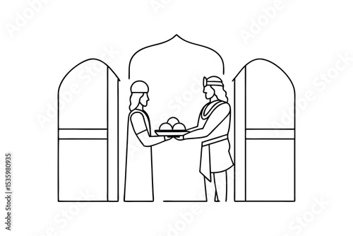 Continuous line art two figures exchange offering gateway