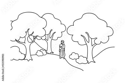 Person standing in a wooded area continuous line art drawing