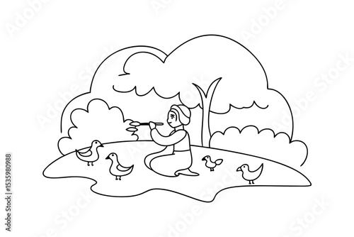Person playing flute surrounded by birds in a continuous line art drawing