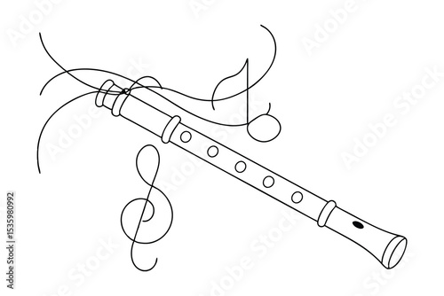 Continuous line art flute musical instrument drawing